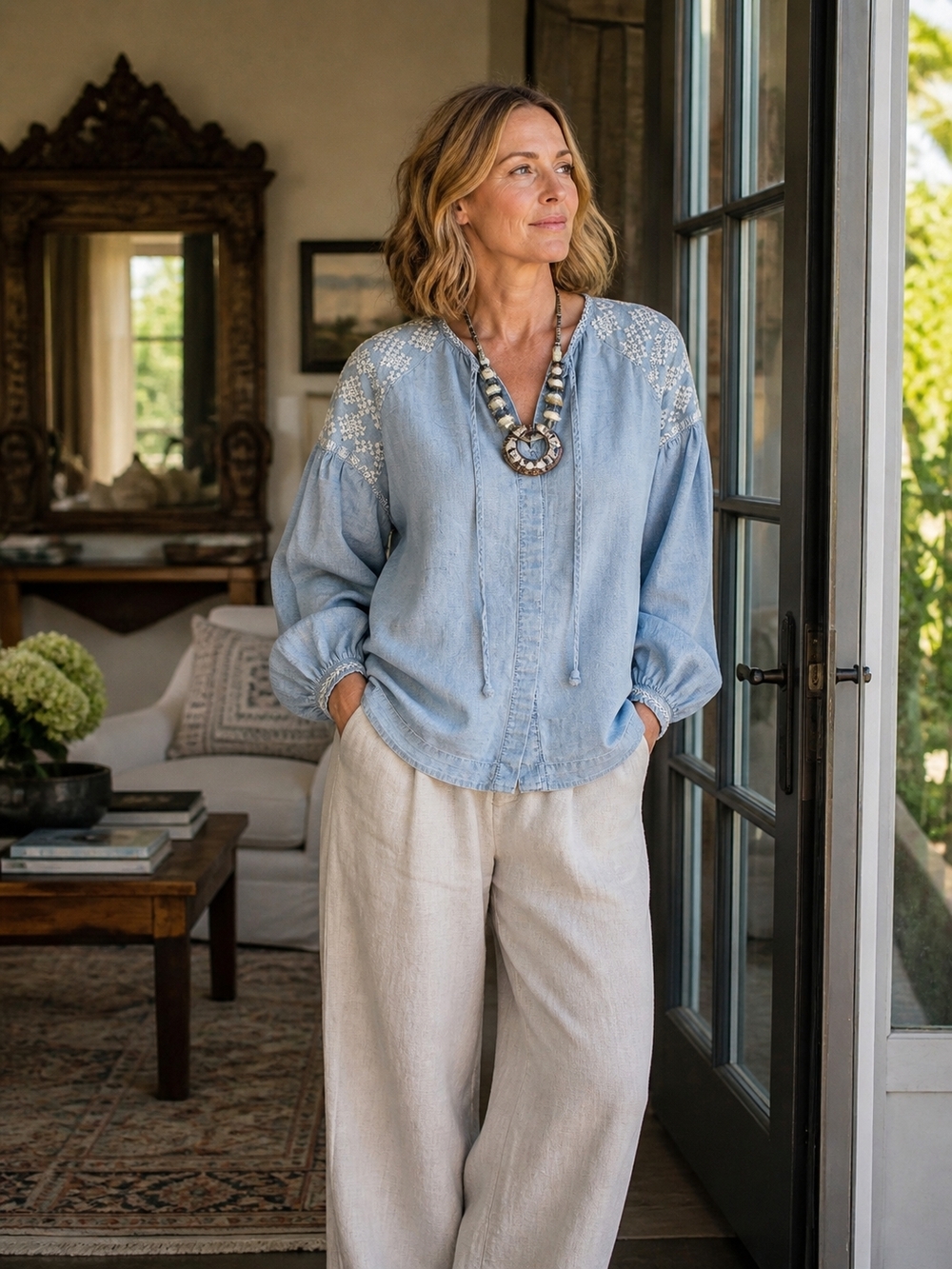 Madewell Embroidered Chambray Peasant Blouse Blue Cotton Top Size Small